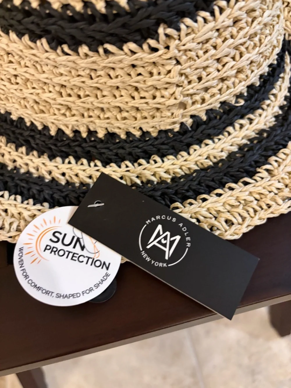 New Marcus Adler Raffia Sun Hat in Natural and Black Stripes